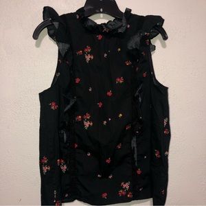 Who what wear black floral ruffle neck top sleeveless
